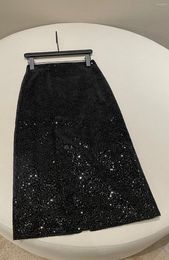 Skirts 2024 Women Fashion Sexy Casual Slit Velvet Sequined Skirt 0117