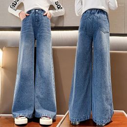 Trousers Korean Pure Color Flared Pants For Big Girls Spring 2024 Children's Cowboy Wide Legs Loose Blue Jeans 6 To 16 Years