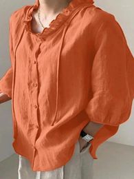Women's Blouses 2024 Spring/Summer Shirt Fashion Wood Ear Edge Drawstring 3/4 Sleeve Cardigan Wear