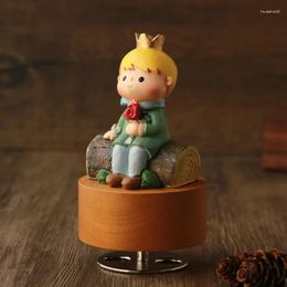 Decorative Figurines Wooden Music Box Craft Retro Gift Home Decoration With Little Prince Clockwork Rotating Round Base