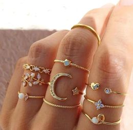 Cluster Rings Boho Vintage Gold Color Moon Knuckle Set For Women Crystal Star Geometric Female Finger Jewelry 2024