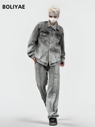 Boliyae American Retro Grey Denim Jacket and Pants Sets Men Splicing Design Coat Jeans Y2K Fashion Washed Cowboy Suit Autumn 240131