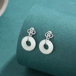 Stud Earrings S925Sterling Silver Ruyi Peace Buckle Hetian Jade Ladies Elegant Temperament Antique 2024 Chinese Style Senior Gift