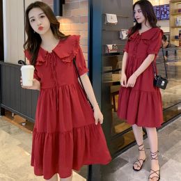 Dresses 1806# Maternity Dress Long Sleeves Red Plain Cotton Midi Dress Plus Size Pregnancy Loose Large Size Dresses Pregnant Dress