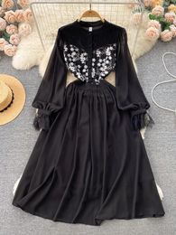 Casual Dresses FTLZZ Autumn Winter Women Stand Collar Puff Sleeve Midi Dress Office Lady Lace Patchwork Black Vintage A-line