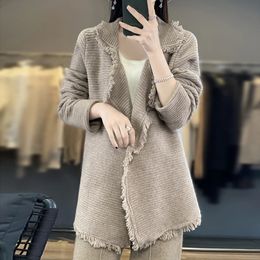 Women's 100% Merino Wool Sweater Clothing Tassel Coat Suit Collar Cardigan Autumn Winter Small Fragrance Coat Top Fashion Jacket 240123