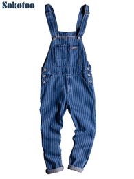 Sokotoo Mens Stripe Printed Blue Denim Bib Overalls Suspenders Jumpsuits Coveralls Youth Jeans 240202