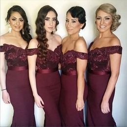 2024 Sexy Long Burgundy Bridesmaid Dresses off The Shoulder Beads Lace Appliques Mermaid Country Bridesmaids Dress Cheap Wedding Guest Gowns