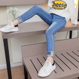 Spring Fashion Kids Jeans Girls Holes Jeans Toddler Baby High Quality Letter Print Elastic Waist Jeans Teen Tight Pencil Pants 240118