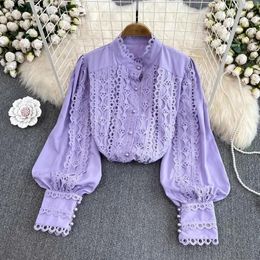 Women's Blouses Stand Collar Hollow Lace Women Blouse 2024 Crochet Long Sleeve Shirt Autumn Casual Elegant Top Fashion Loose Female Blusas