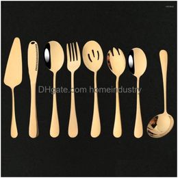 Dinnerware Sets 8Pcs Gold Cutlery Serving Utensils Set Buffet Catering Flatware Colander Spoons Fork Butter Knife Sierware Drop Deliv Dh4Tq