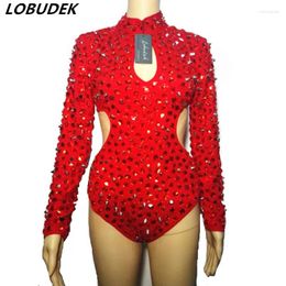 Scene Wear Red Rhinestones Rivet Bodysuit långärmad Romper Women Jazz Dance Costume DJ Singer Bar Sexiga Performance Clothes