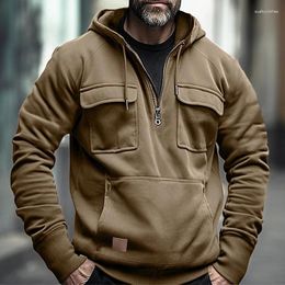 Men's Hoodies Mens Autumn Casual Pure Colour Cargo Streetwear Men Hoodie Fashion Mutli Pockets Patchwork Zipper Hooded Sweatshirt