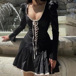 Casual Dresses Sexy Black Gothic Bandage Mini Dress Women Fashion Contrast Color A-line Swing Chic Puff Sleeve Party Birthday Outfits