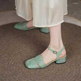 Dress Shoes Phoentin Vintage Heels 2024 Summer Slingback Pumps For Women Green Middle Heeled Square Toe Female Real Leather FT3209