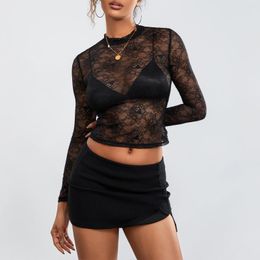 Women's Tanks Women Hollow Out Tops Shirt Lace Sexy Slim Long Sleeve Mock Neck Flower Embroidery See Through Crop Top Clubwear Streetwear