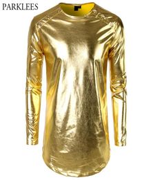 Shiny Gold Metallic Longline T Shirt Men 2018 Brand New Night Club Mens Tshirts Casual O Neck Hip Hop Top Tees Party Dance Show6369653