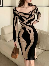 Dresses Winter Women Abstract Colorful Print Knitting Dresses Sexy Slim Tiger Stripe High Stretch Autumn Knitted Sweater Pencil Dress