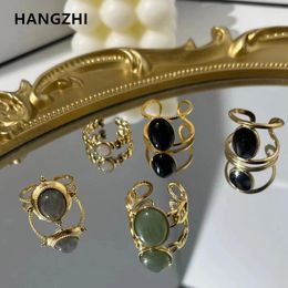 Cluster Rings HangZhi 2024 Vintage Natural Stone For Women Double Layer Oil Drop Heart Star Stainless Steel Women's Ring Jewellery