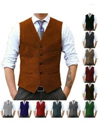 Men's Vests 2024 Vest Black Herringbone Wool Tweed V Neck Retro Tooling Waistcoat Satin Stitching Wedding Business For Men