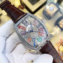 New Color Dreams Crazy Hours Diamond Steel Case 7502 QZD CODR Automatic Mens Watch Gypsophila Dial Date Brown Leather Watches Hell295J