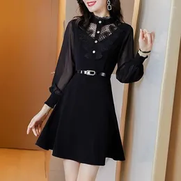 Casual Dresses Elegant Ruffles Button Spliced Hollow Out Lace Mini Dress Women's Clothing 2024 Autumn Oversized Office Lady Princess