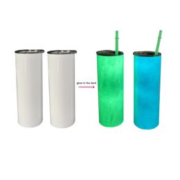 Halloween gift Wholesale bulk 20oz white to green blue glow in dark sublimation double wall stainless steel straight tumbler with luminous straw,sold by case