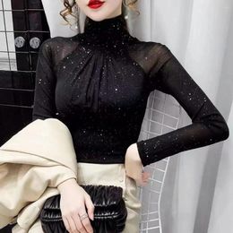 Women's Blouses Slim Fit Women Top Vintage French Pleated Mock Turtleneck Long Sleeves In Sexy Black Soft Stretch Ladies