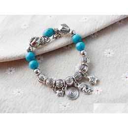 Charm Bracelets Wholesale Turquoise Sier Chain Link Bracelet Bangle Fashion Wristband Cuff Bead Drop Delivery Dhnf5