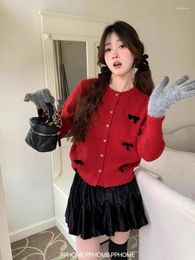 Women's Knits Hikigawa Chic Fashion Autumn Women Bow Patchwork Sweaters Vintage Ruffled O Neck Button Up Knitted Cardigan Tops Ropa Mujer