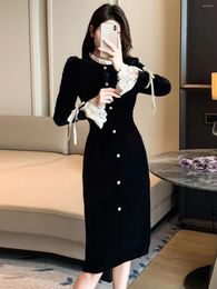 Casual Dresses Women's Black Velvet Dress Spring Long Sleeve Single Pearl Breasted Female Autumn Style Lace Cuffs Underlay