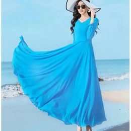 Casual Dresses Women's Chiffon Swinging Dance Dress 2024 Summer Slim Temperament Long Sleeve Female Beach Over Knee