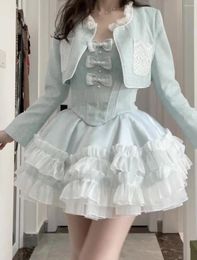 Casual Dresses Gentle Style Sweet Blue Princess Dress Thin Waisted Bow Tie Suspender Set Cardigan Coatwear Fluffy Skirt Suit Female