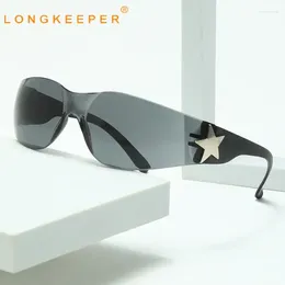 Sunglasses Longkeeper 2024 Punk Women Y2K Star Luxury One Piece Lenses Cool Rimless Sun Glasses 2000's Shades Goggle