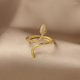 Cluster Rings Korean Design Fashion Jewellery 14K Gold Plated Zircon Snake Open Ring Simple Women's Daily Work Accessories