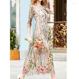 Casual Dresses Embroidery Party Runway Floral Bohemian Flower Embroidered 2 Pieces Vintage Boho Mesh For Women Vestido