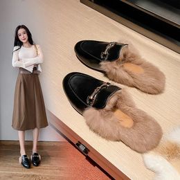 Real Rabbit Hair Toe-covered Half Slippers Women Wear Autumn And Winter Mueller Shoes Lazy Shoes Flat Fuzzy Slippers 240118