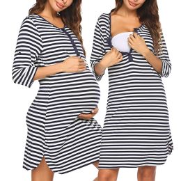 Sleepwear Maternity Striped Pajamas Pregnant Women Long Sleeve Nightwear Pregnancy Nursing Nightgown Breastfeeding Nightdress Sleepwear