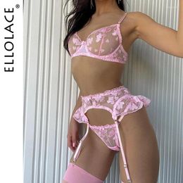 Bras Sets Ellolace Valentine's Day Lingerie Lace Heart-Shaped Embroidery Exotic Transparent Bra Intimate Fancy Underwear