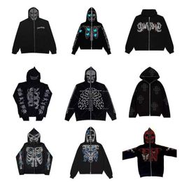 Men's Hoodies Sweatshirts Y2K Full Zip Hoodie Men's Autumn Gothic Rhinestone Spider Web Sweatshirt Hip Hop Grunge Skeleton Oversized Jacket Z230802 489