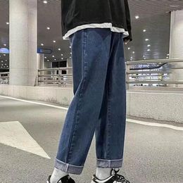 Men's Jeans Men Wide Leg Straight Loose Full Length Denim Trousers Button Zipper Closure Retro Streetwear Long Pants