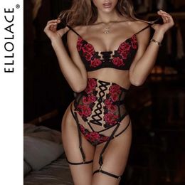 Ellolace Sensual Lingerie Sexy Embroidery Bandage Breves Sets Garters Briefs Luxury 3Piece Whuta Erotic Delicate Underwear 240127