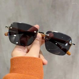 Sunglasses Wooden Colour Leg Women Square Shape Rimless Cut Edge Designer Fashion UV Protection Glasses