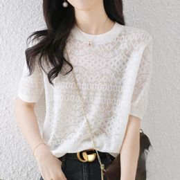 Women's Blouses Casual Short Sleeve Shirt Women Solid White Thin Tops Elegant Hollow Ice Silk Knitted Blouse 2024 Summer Korean Clothes