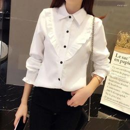 Women's Blouses Korean Vintage Thicken Corduroy Four Colour Long Sleeve Single Breasted Shirt Ruffles Flare Clothing Polo Neck
