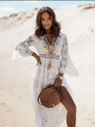 Dresses 2022 Summer Elegant Dresses for Women Tunic Fashion Robe Longue Beach Dress Sexy Lace Long Sleeve White Robe Vestido Pareos