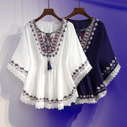 EBAIHUI Women Summer T Shirts Plus Size Boho Embroidery Shirts Cloak Top Loose Lace Hem Bat Sleeve Kimono Shirt Blusa Feminina 240201