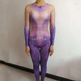 Stage Wear Snake Pattern Printing Tight Jumpsuit Purple Sexy Crystal Leotard Nightclub Bar DJ Pole Dancing Cosplay Costume