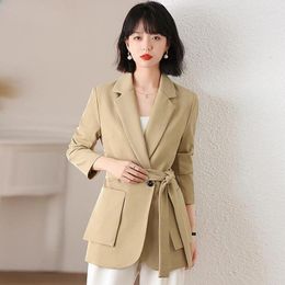 Women's Suits S-XXL Women Blazer Jacket Waist Belt Slim Spring Autumn Casual Office Work Black Khaki