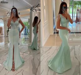Glitter Sequins Beaded Mermaid Evening Dresses Aso Ebi Sage Satin Elegant V Neck Formal Party Gowns For Women Sexy Front Split Buttons Second Reception Dress CL3276